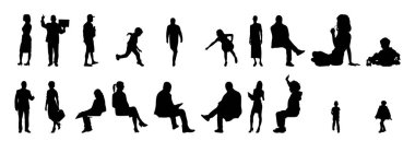 Vektör siluetleri, insanların ana hatları, Contour çizimleri, insanların siluetleri, ikon kümesi izole edilmiş, oturan insanların silueti, mimari set