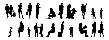 Vektör siluetleri, insanların ana hatları, Contour çizimleri, insanların siluetleri, ikon kümesi izole edilmiş, oturan insanların silueti, mimari set