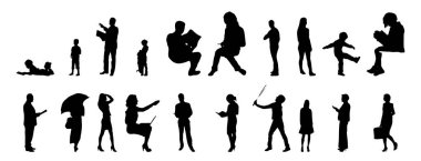 Vektör siluetleri, insanların ana hatları, Contour çizimleri, insanların siluetleri, ikon kümesi izole edilmiş, oturan insanların silueti, mimari set