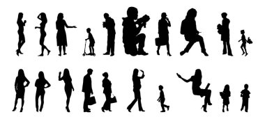 Vektör siluetleri, insanların ana hatları, Contour çizimleri, insanların siluetleri, ikon kümesi izole edilmiş, oturan insanların silueti, mimari set