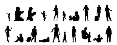 Vektör siluetleri, insanların ana hatları, Contour çizimleri, insanların siluetleri, ikon kümesi izole edilmiş, oturan insanların silueti, mimari set