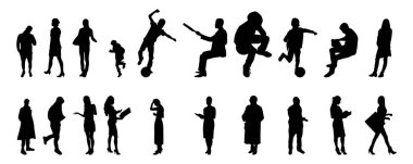 Vektör siluetleri, insanların ana hatları, Contour çizimleri, insanların siluetleri, ikon kümesi izole edilmiş, oturan insanların silueti, mimari set