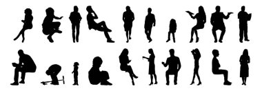 Vektör siluetleri, insanların ana hatları, Contour çizimleri, insanların siluetleri, ikon kümesi izole edilmiş, oturan insanların silueti, mimari set