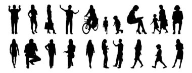 Vektör siluetleri, insanların ana hatları, Contour çizimleri, insanların siluetleri, ikon kümesi izole edilmiş, oturan insanların silueti, mimari set