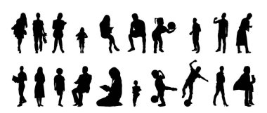 Vektör siluetleri, insanların ana hatları, Contour çizimleri, insanların siluetleri, ikon kümesi izole edilmiş, oturan insanların silueti, mimari set