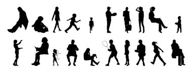 Vektör siluetleri, insanların ana hatları, Contour çizimleri, insanların siluetleri, ikon kümesi izole edilmiş, oturan insanların silueti, mimari set