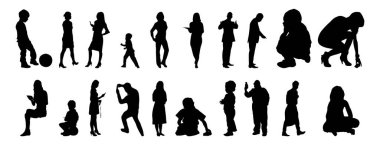 Vektör siluetleri, insanların ana hatları, Contour çizimleri, insanların siluetleri, ikon kümesi izole edilmiş, oturan insanların silueti, mimari set