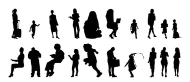 Vektör siluetleri, insanların ana hatları, Contour çizimleri, insanların siluetleri, ikon kümesi izole edilmiş, oturan insanların silueti, mimari set