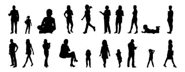 Vektör siluetleri, insanların ana hatları, Contour çizimleri, insanların siluetleri, ikon kümesi izole edilmiş, oturan insanların silueti, mimari set