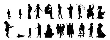 Vektör siluetleri, insanların ana hatları, Contour çizimleri, insanların siluetleri, ikon kümesi izole edilmiş, oturan insanların silueti, mimari set