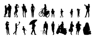 Vektör siluetleri, insanların ana hatları, Contour çizimleri, insanların siluetleri, ikon kümesi izole edilmiş, oturan insanların silueti, mimari set