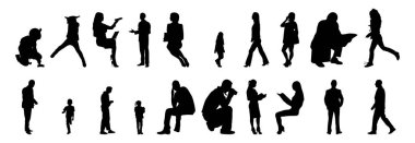 Vektör siluetleri, insanların ana hatları, Contour çizimleri, insanların siluetleri, ikon kümesi izole edilmiş, oturan insanların silueti, mimari set