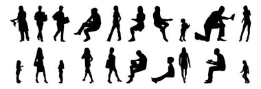 Vektör siluetleri, insanların ana hatları, Contour çizimleri, insanların siluetleri, ikon kümesi izole edilmiş, oturan insanların silueti, mimari set