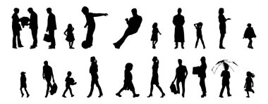 Vektör siluetleri, insanların ana hatları, Contour çizimleri, insanların siluetleri, ikon kümesi izole edilmiş, oturan insanların silueti, mimari set