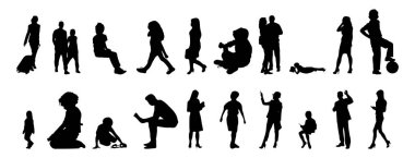 Vektör siluetleri, insanların ana hatları, Contour çizimleri, insanların siluetleri, ikon kümesi izole edilmiş, oturan insanların silueti, mimari set