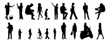 Vektör siluetleri, insanların ana hatları, Contour çizimleri, insanların siluetleri, ikon kümesi izole edilmiş, oturan insanların silueti, mimari set