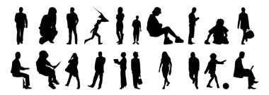 Vektör siluetleri, insanların ana hatları, Contour çizimleri, insanların siluetleri, ikon kümesi izole edilmiş, oturan insanların silueti, mimari set