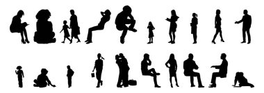 Vektör siluetleri, insanların ana hatları, Contour çizimleri, insanların siluetleri, ikon kümesi izole edilmiş, oturan insanların silueti, mimari set