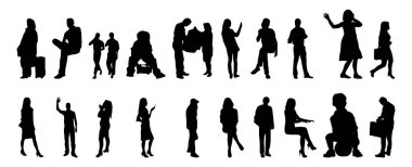 Vektör siluetleri, insanların ana hatları, Contour çizimleri, insanların siluetleri, ikon kümesi izole edilmiş, oturan insanların silueti, mimari set