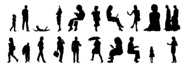 Vektör siluetleri, insanların ana hatları, Contour çizimleri, insanların siluetleri, ikon kümesi izole edilmiş, oturan insanların silueti, mimari set