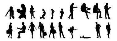 Vektör siluetleri, insanların ana hatları, Contour çizimleri, insanların siluetleri, ikon kümesi izole edilmiş, oturan insanların silueti, mimari set