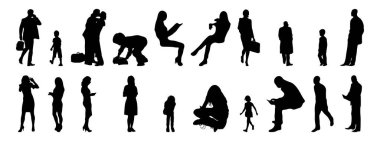 Vektör siluetleri, insanların ana hatları, Contour çizimleri, insanların siluetleri, ikon kümesi izole edilmiş, oturan insanların silueti, mimari set