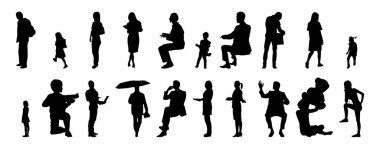 Vektör siluetleri, insanların ana hatları, Contour çizimleri, insanların siluetleri, ikon kümesi izole edilmiş, oturan insanların silueti, mimari set