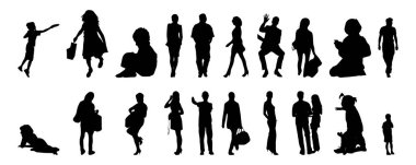 Vektör siluetleri, insanların ana hatları, Contour çizimleri, insanların siluetleri, ikon kümesi izole edilmiş, oturan insanların silueti, mimari set