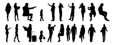 Vektör siluetleri, insanların ana hatları, Contour çizimleri, insanların siluetleri, ikon kümesi izole edilmiş, oturan insanların silueti, mimari set