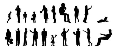 Vektör siluetleri, insanların ana hatları, Contour çizimleri, insanların siluetleri, ikon kümesi izole edilmiş, oturan insanların silueti, mimari set