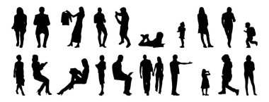 Vektör siluetleri, insanların ana hatları, Contour çizimleri, insanların siluetleri, ikon kümesi izole edilmiş, oturan insanların silueti, mimari set