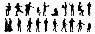 Vektör siluetleri, insanların ana hatları, Contour çizimleri, insanların siluetleri, ikon kümesi izole edilmiş, oturan insanların silueti, mimari set