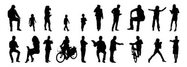 Vektör siluetleri, insanların ana hatları, Contour çizimleri, insanların siluetleri, ikon kümesi izole edilmiş, oturan insanların silueti, mimari set