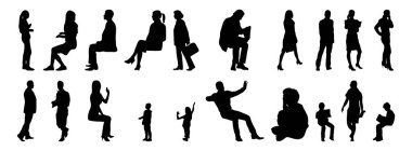 Vektör siluetleri, insanların ana hatları, Contour çizimleri, insanların siluetleri, ikon kümesi izole edilmiş, oturan insanların silueti, mimari set