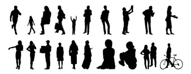Vektör siluetleri, insanların ana hatları, Contour çizimleri, insanların siluetleri, ikon kümesi izole edilmiş, oturan insanların silueti, mimari set