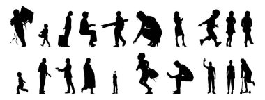 Vektör siluetleri, insanların ana hatları, Contour çizimleri, insanların siluetleri, ikon kümesi izole edilmiş, oturan insanların silueti, mimari set