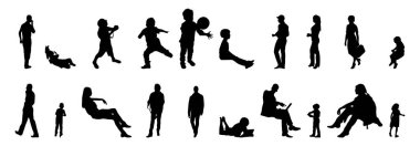 Vektör siluetleri, insanların ana hatları, Contour çizimleri, insanların siluetleri, ikon kümesi izole edilmiş, oturan insanların silueti, mimari set