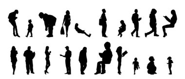 Vektör siluetleri, insanların ana hatları, Contour çizimleri, insanların siluetleri, ikon kümesi izole edilmiş, oturan insanların silueti, mimari set