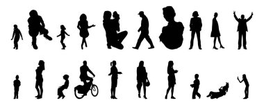 Vektör siluetleri, insanların ana hatları, Contour çizimleri, insanların siluetleri, ikon kümesi izole edilmiş, oturan insanların silueti, mimari set