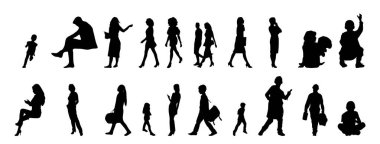 Vektör siluetleri, insanların ana hatları, Contour çizimleri, insanların siluetleri, ikon kümesi izole edilmiş, oturan insanların silueti, mimari set