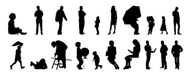 Vektör siluetleri, insanların ana hatları, Contour çizimleri, insanların siluetleri, ikon kümesi izole edilmiş, oturan insanların silueti, mimari set