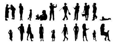 Vektör siluetleri, insanların ana hatları, Contour çizimleri, insanların siluetleri, ikon kümesi izole edilmiş, oturan insanların silueti, mimari set