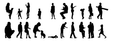 Vektör siluetleri, insanların ana hatları, Contour çizimleri, insanların siluetleri, ikon kümesi izole edilmiş, oturan insanların silueti, mimari set