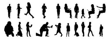 Vektör siluetleri, insanların ana hatları, Contour çizimleri, insanların siluetleri, ikon kümesi izole edilmiş, oturan insanların silueti, mimari set