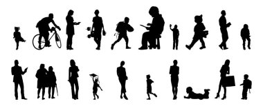 Vektör siluetleri, insanların ana hatları, Contour çizimleri, insanların siluetleri, ikon kümesi izole edilmiş, oturan insanların silueti, mimari set