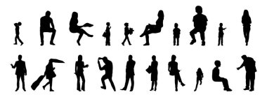 Vektör siluetleri, insanların ana hatları, Contour çizimleri, insanların siluetleri, ikon kümesi izole edilmiş, oturan insanların silueti, mimari set