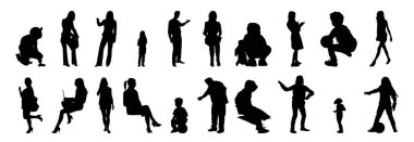 Vektör siluetleri, insanların ana hatları, Contour çizimleri, insanların siluetleri, ikon kümesi izole edilmiş, oturan insanların silueti, mimari set