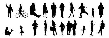 Vektör siluetleri, insanların ana hatları, Contour çizimleri, insanların siluetleri, ikon kümesi izole edilmiş, oturan insanların silueti, mimari set