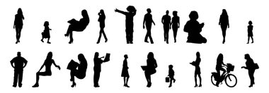 Vektör siluetleri, insanların ana hatları, Contour çizimleri, insanların siluetleri, ikon kümesi izole edilmiş, oturan insanların silueti, mimari set