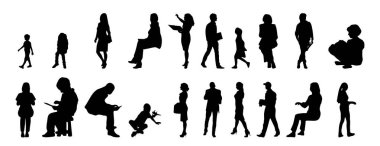 Vektör siluetleri, insanların ana hatları, Contour çizimleri, insanların siluetleri, ikon kümesi izole edilmiş, oturan insanların silueti, mimari set